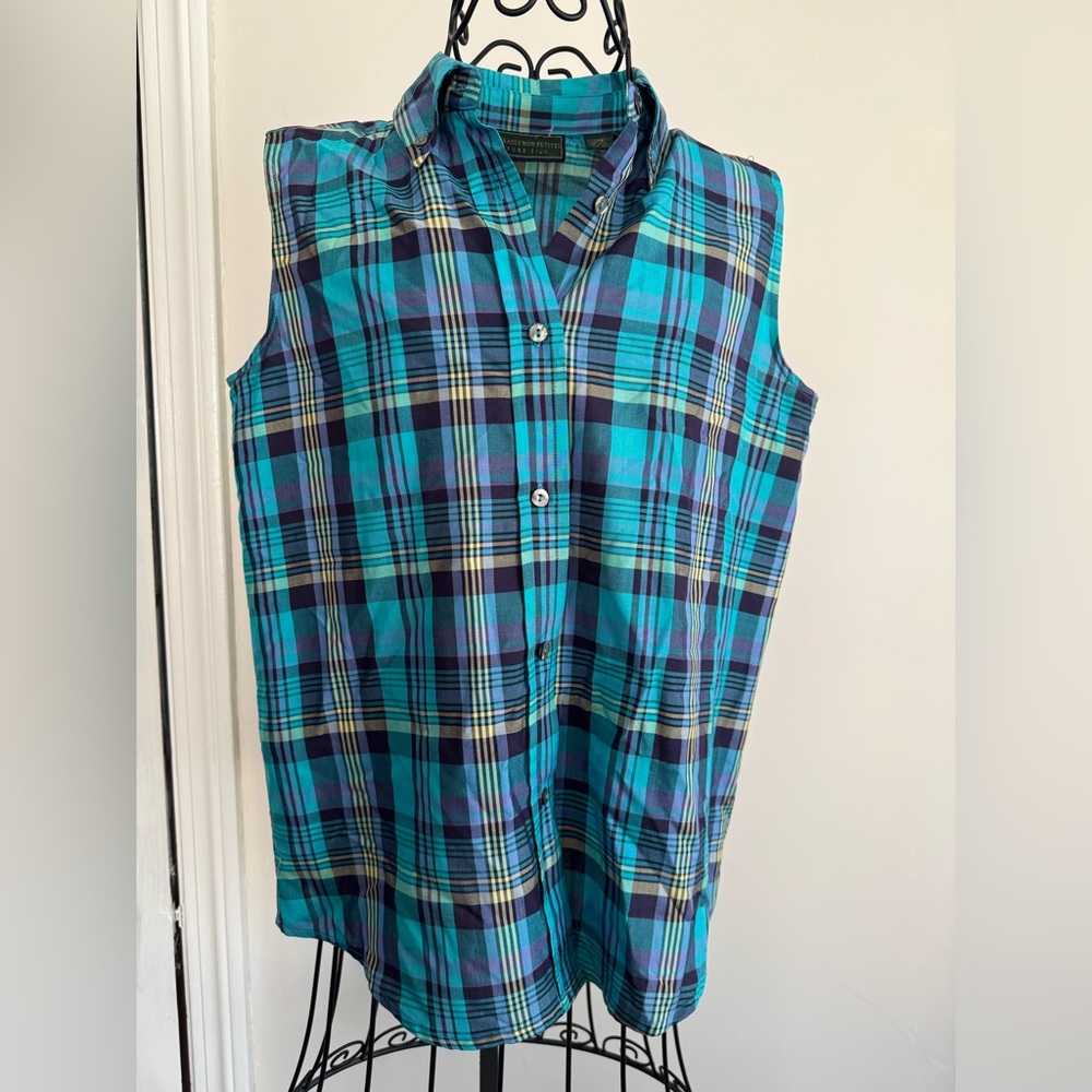 Silk Blue and Green Plaid Sleeveless Shirt